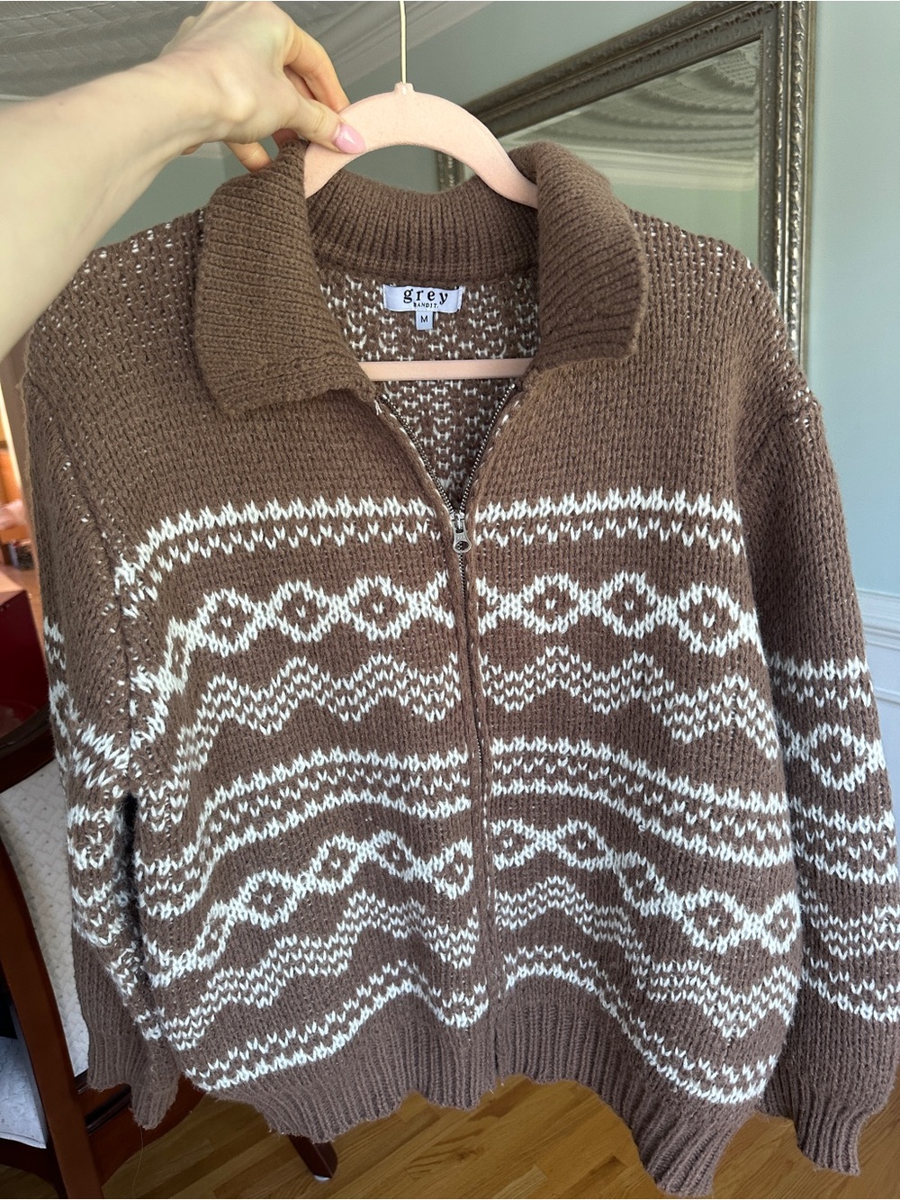 Grey Bandit Fair Isle Knit Zip Sweater in Brown & White